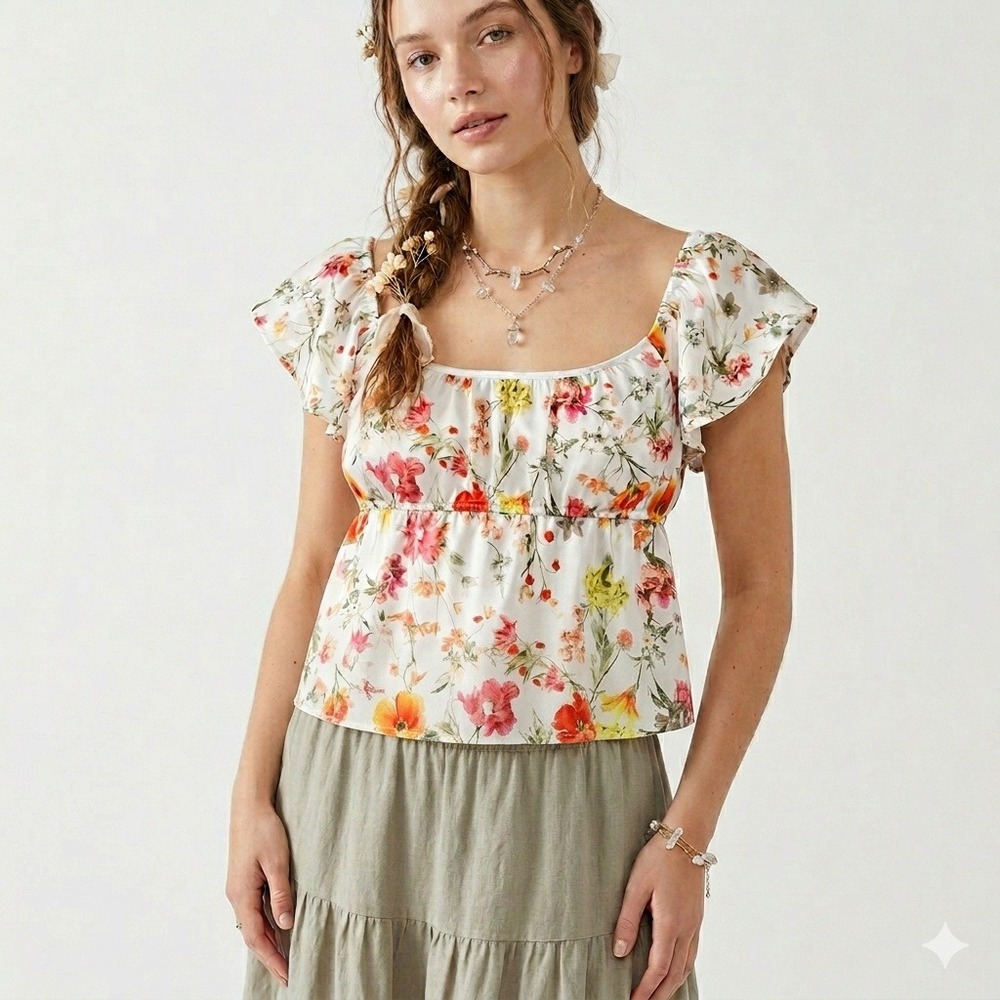 Rue 21 Womens Floral Milkmaid Top Medium Satin Cottage Fairy Romantic Summer